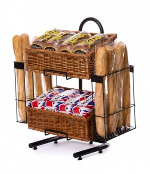 Baguette display stand with wicker baskets